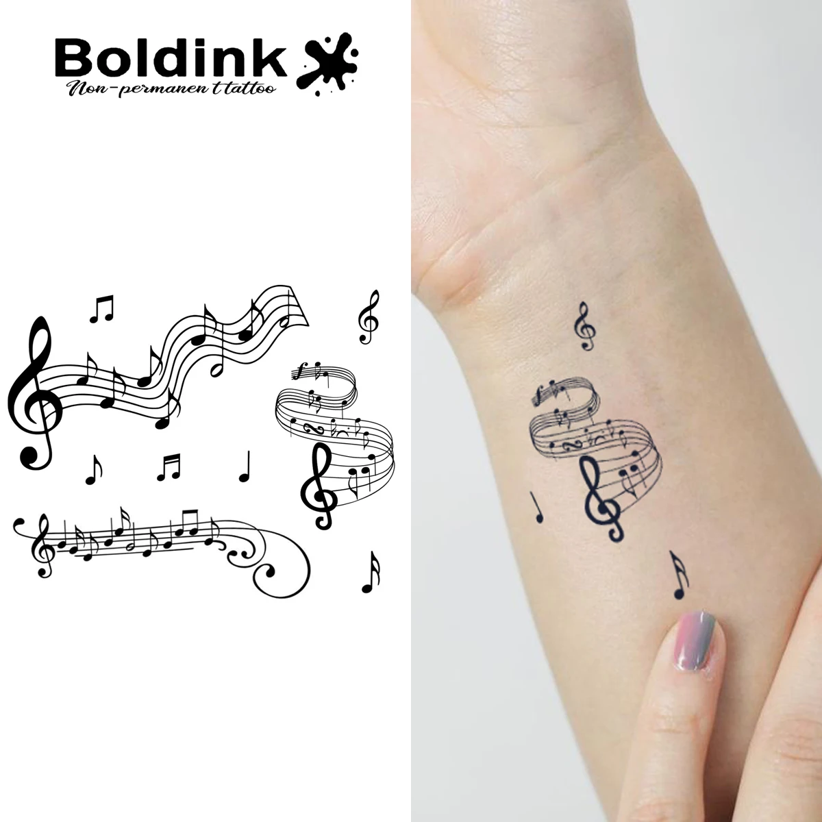 BOLDINK Unisex wasserdichte Tattoo-Aufkleber, Musiksymbole, Notenmusik, trendig, vielseitig, langlebig, 1–2 Wochen, mit Farbbeständigkeit Image