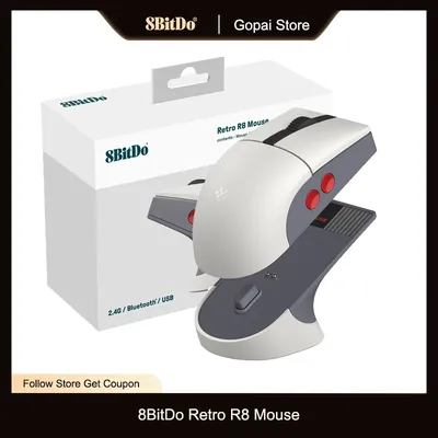 8BitDo Retro R8 Mouse with PAW 3395 Optical Sensor DPI 26K, Wireless 4K Polling Mouse with Charging Dock, Programmable Buttons