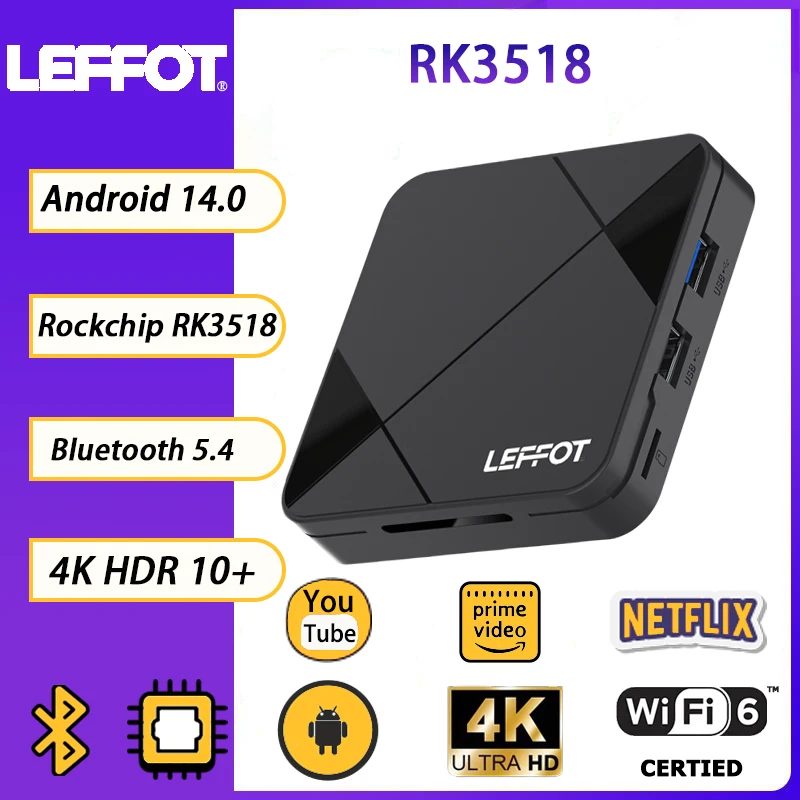LEFFOT RK3518 boîtier TV Wifi6 & BT5.4 4K @ 60fps HD 100M Ethernet Google Assistant vocal lecteur multimédia Android14.0 décodeur intelligent