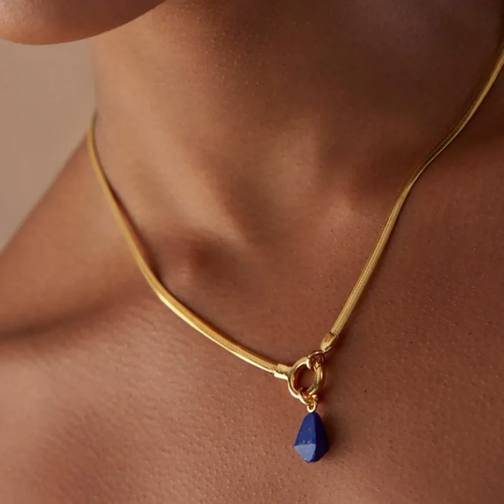 Natürliche Stein Lapis Lazuli Halsband Edelstahl Anker Verschluss Halsketten Für Frauen Metall Link Kette Collier Femme Image