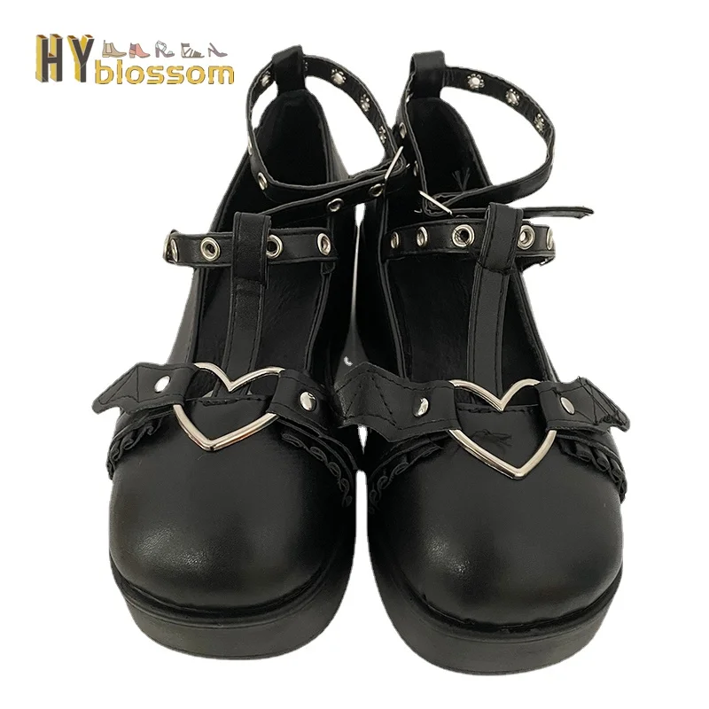 Neue süße Herz Schnalle Keile Mary Janes Frauen rosa T-Riemen klobige Plattform Lolita Schuh Frau Punk Gothic Cosplay Schuhe 43