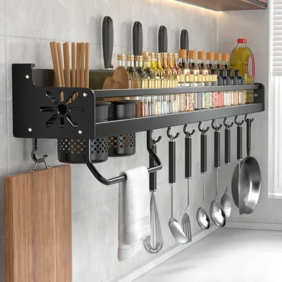 Kitchen utensil rack wall mounted with hooks wall mounted spatula and spoon rack kitchen storage rack