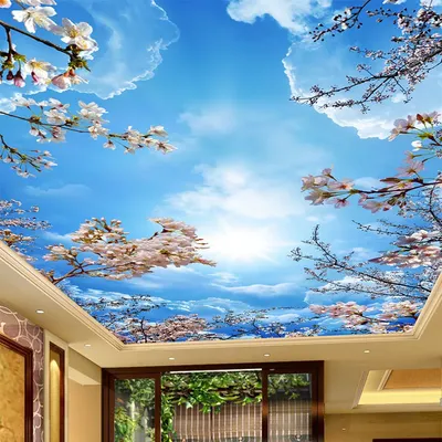 Benutzerdefinierte Wandbild Tapete 3D Blauer Himmel Weiße Wolken Kirschblüten Decke Zenith Wandbild Wohnzimmer Esszimmer Home Decor 3D Fresko Image