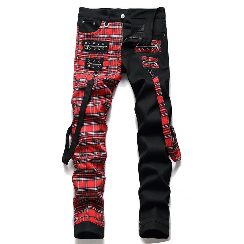 Neue Mode Rot Plaid Patchwork Punk Zipper Männer Bleistift Jeans Hosen Y2K Schnalle Hip Hop Gothic Dünne Denim Hosen Pantaloni Uomo