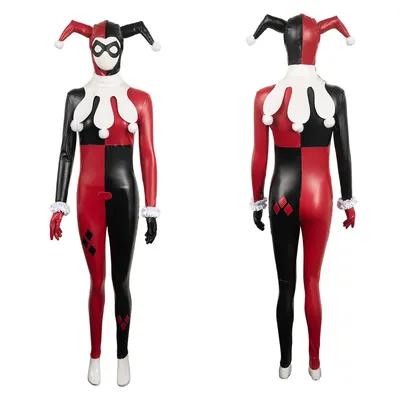 Erwachsene Frauen Quinzel Cosplay Kostüm Fantasy Overall Clown Kopfbedeckung Hut Augenmaske Outfits Halloween Karneval Party Verkleidung Anzug Image