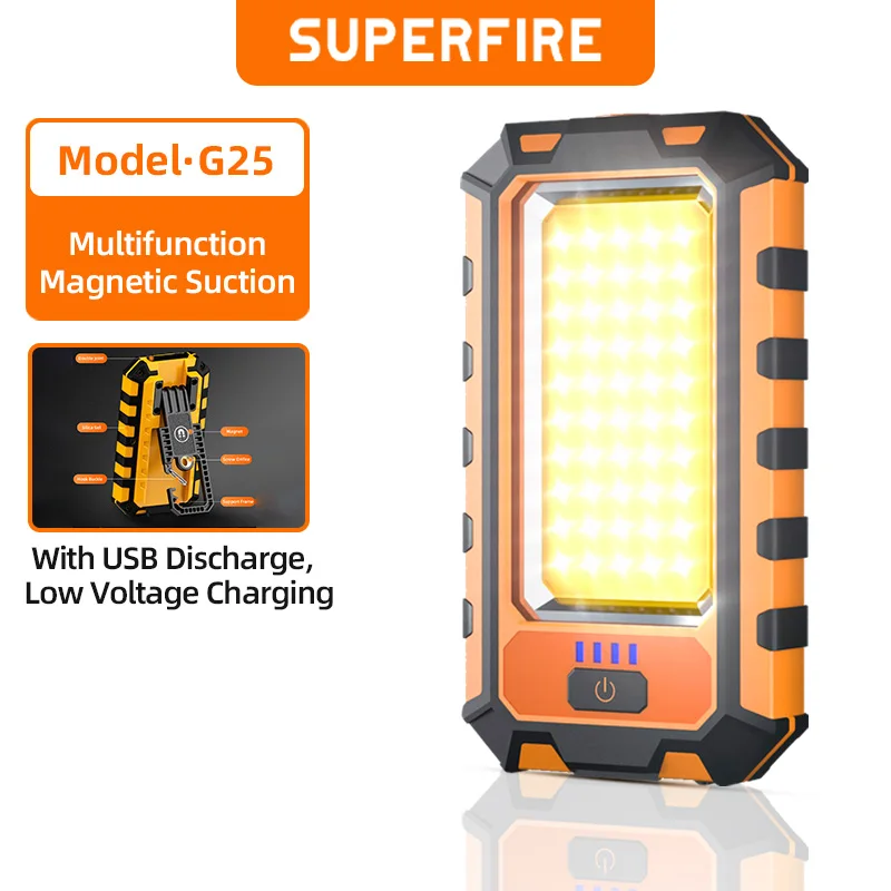 SUPERFIRE G25 Tragbare COB-LED-Taschenlampe, USB-wiederaufladbar, Arbeitsleuchte, magnetische Laterne mit eingebauter Batterie, Camping-Taschenlampe
