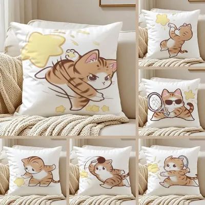 Niedlicher Katzensportler, kindlicher Herz-Kissenbezug, Anti-Dustmite-Kissenbezug, unsichtbarer Reißverschluss, seidiger kurzer Plüsch-Sofa-Kissenbezug Image