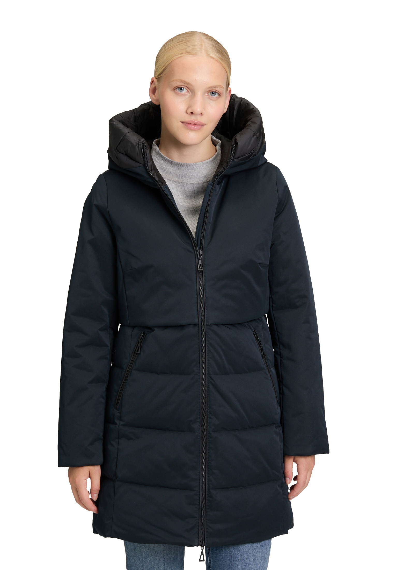 Winterjacke AMBER & JUNE "Damen Wintermantel mit Kapuze", Damen, Gr. 42, blau (dunkelblau), Obermaterial: 100% Polyester. Besatz: 100% Polyamid. Futter: 100% Polyamid. Füllung: 100% Polyester. Ärmelfutter: 100% Polyester., tailliert, Jacken Image