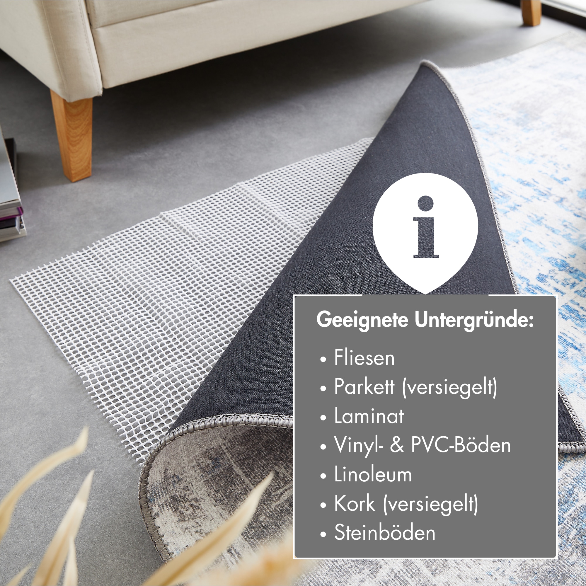 Antirutsch Teppichunterlage ANDIAMO "Teppich Stopp" Gr. 31, weiß (altweiß), B:60cm H:2mm L:160cm, Kunstfaser, Teppichunterlagen, Teppichunterlage, Gitter-Rutschunterlage, individuell zuschneidbar, Kundenliebling Image