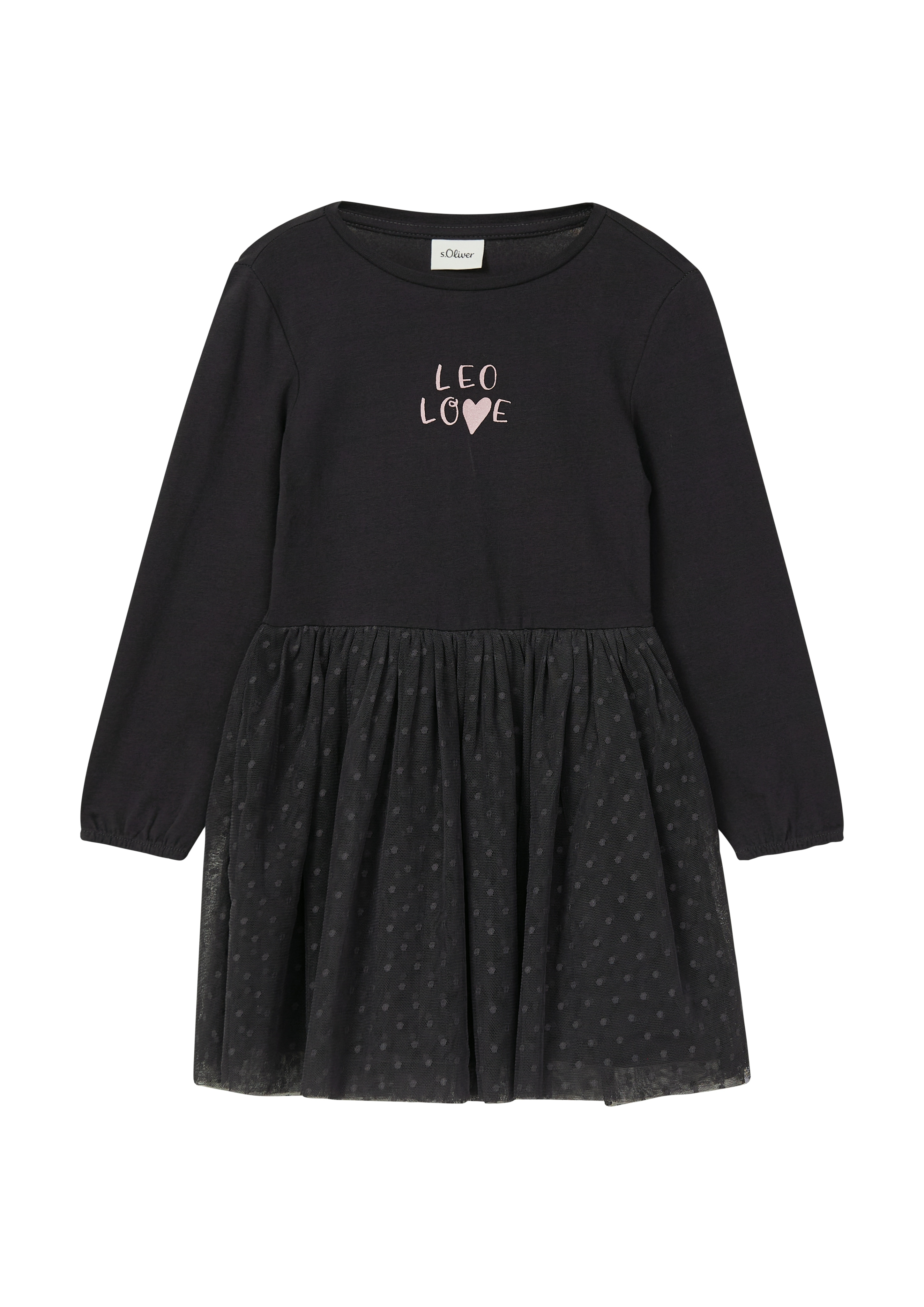 Minikleid S.OLIVER JUNIOR, Mädchen, Gr. 116, N-Gr, schwarz, Web, Obermaterial: 95% Baumwolle, 5% Elasthan, bedruckt, gepunktet, Casual, kurz, Rundhals, elastischer Bund, Kleider, mit Mesh-Rock, Fit and Flare Image