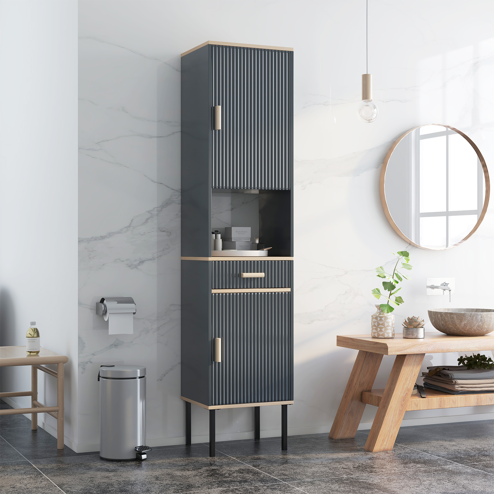 Free Standing Bathroom Cabinet Narrow Linen With Doors And Drawer, Gray, Adjustable Shelves & Anti Toppling Design Free Standing Bathroom Cabinet Narrow Linen With Doors And Drawer, Gray, Adjustable Shelves & Anti Toppling Design