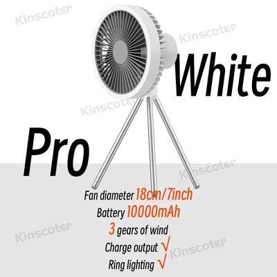 Camping Fan Rechargeable Desktop Portable Circulator, Wireless Ceiling Electric Fan With Power Bank & LED Lighting pro White