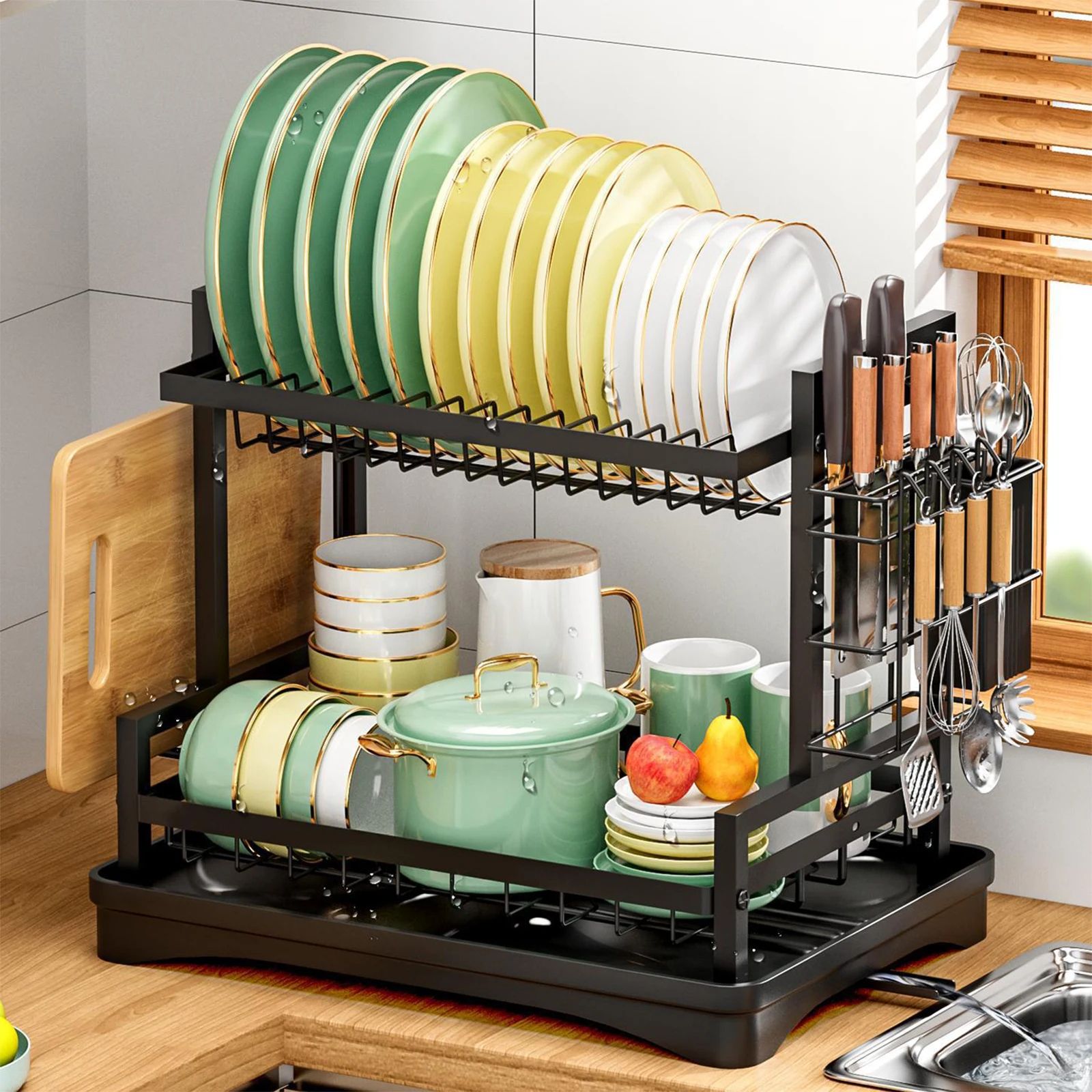 Rustproof Dish Drainer Rack, Utensils Holder & Drip Tray, Large Capacity Kitchen Drying Rack Rustproof Dish Drainer Rack, Utensils Holder & Drip Tray, Large Capacity Kitchen Drying Rack