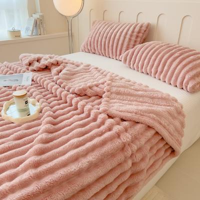 Soft Coral Fleece Multifunctional Blanket Solid Color Thickened Wide Striped Design For Bed, Cover, Or Nap Use pink 78.74 X 90.55