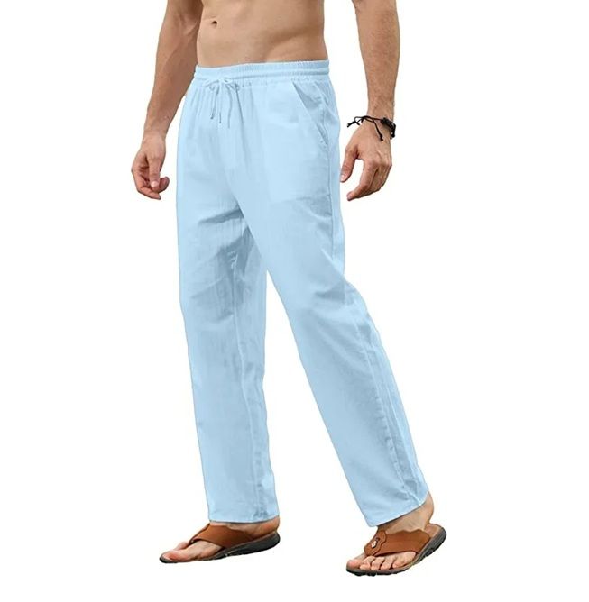 Mens Cotton Linen Drawstring Pants Breathable Loose Fit Trousers For Yoga, Lounge & Travel s khaki
