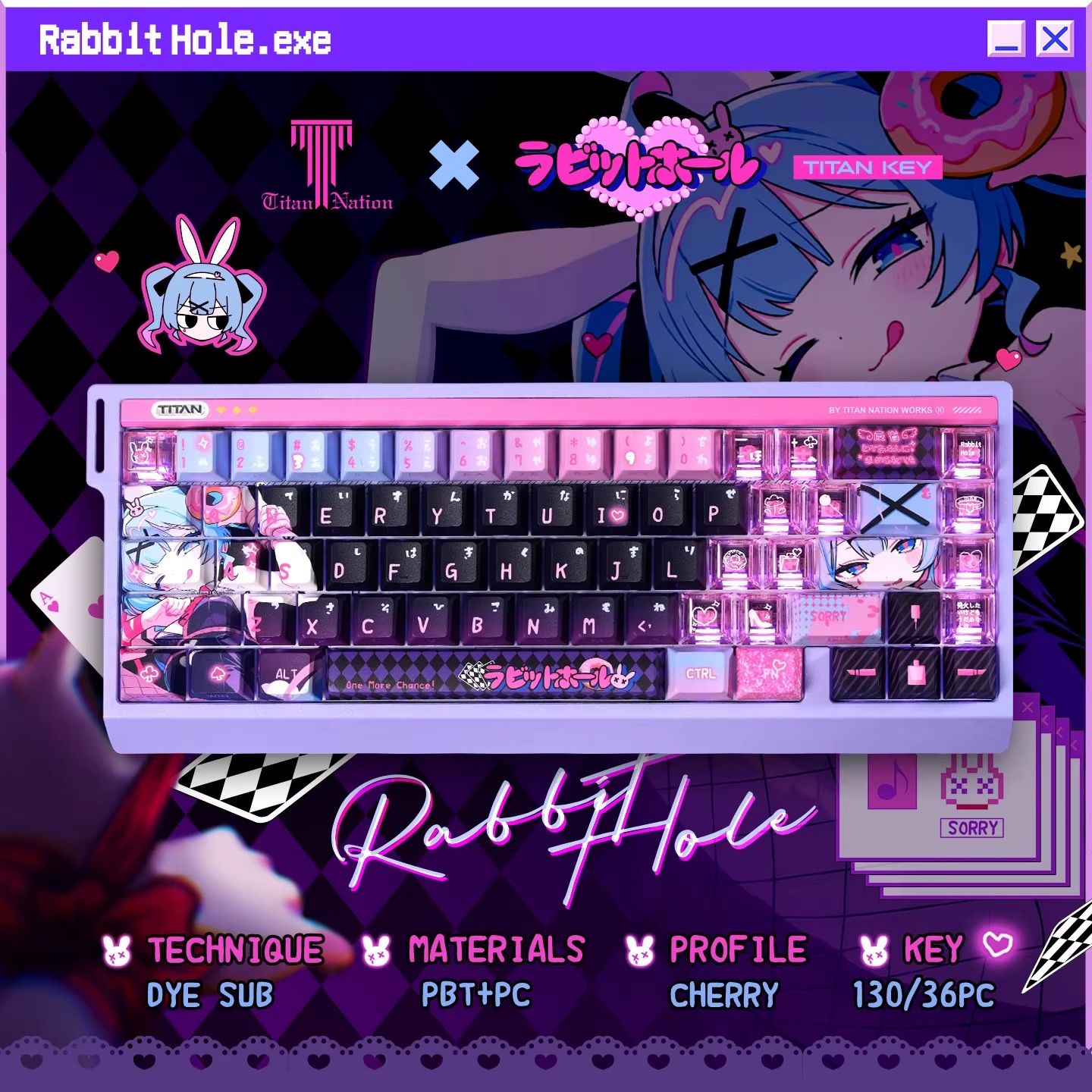 Anime Rabbit Hole Keycap Set Translucent Cherry Profile PBT+PC Keycaps For Mechanical Gaming Keyboards pc 36 Keys