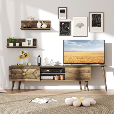 Modern Walnut TV Stand For 85 Inch TV, Mid Century Media Console With Storage Cabinets & Floating Wall Mounted Shelves Modern Walnut TV Stand For 85 Inch TV, Mid Century Media Console With Storage Cabinets & Floating Wall Mounted Shelves