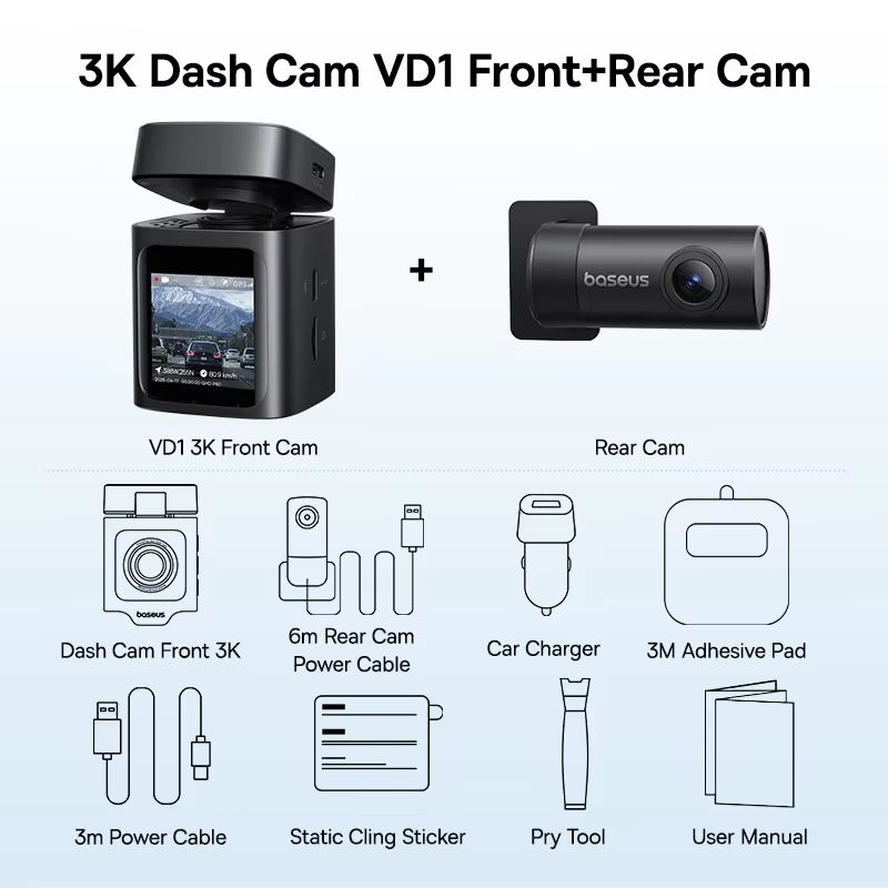 Baseus VD1 3K Dash Cam With GPS Front And Rear Car Camera With Supercapacitor & 24H Parking Surveillance front N Rear none