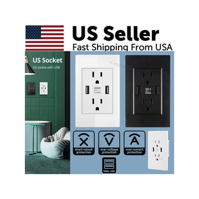 Dual Wall Outlet With USB Ports Charger 15A 120V In Wall Power Receptacle Plate Panel For Home, Office, Commercial Use Dual Wall Outlet With USB Ports Charger 15A 120V In Wall Power Receptacle Plate Panel For Home, Office, Commercial Use