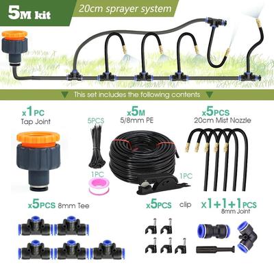 Flexible Garden Misting Cooling Kit With 8mm Hose For DIY Patio Watering And Fogging Irrigation 5 M Kit