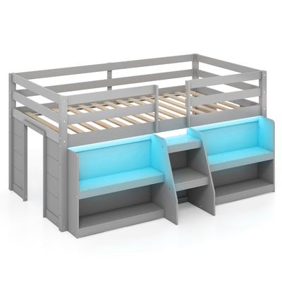 Modern Twin Size Loft Bed With LED Lights, Staircase & Guardrail, Wooden Kids Bed With Bookcase & Under Bed Storage Modern Twin Size Loft Bed With LED Lights, Staircase & Guardrail, Wooden Kids Bed With Bookcase & Under Bed Storage