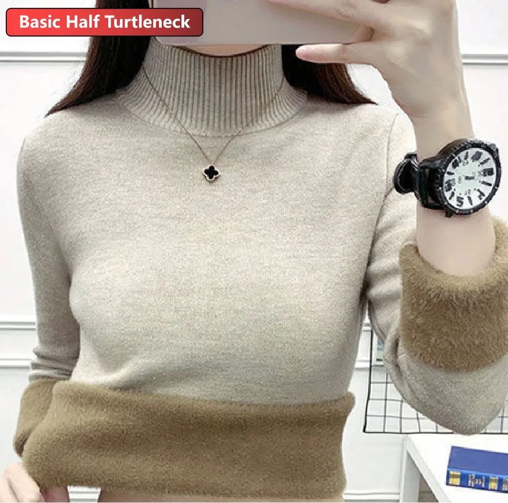 Turtleneck Winter Sweater For Women, Elegant Thickened Velvet Lined Knit Pullover, Slim Fit Knitted Jumper Top For Cold khaki m
