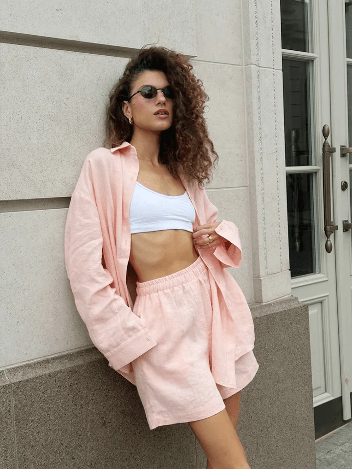 Womens Cotton Lounge Shorts Set Two Piece Long Sleeve Summer Outfit m light Pink