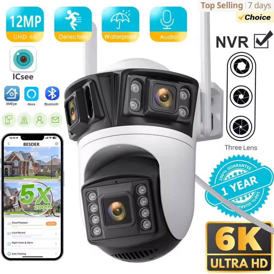 Outdoor Three Lens IP Security Camera With AI Detection And 6K HD Resolution us Plug 12mp 32g Sd Card