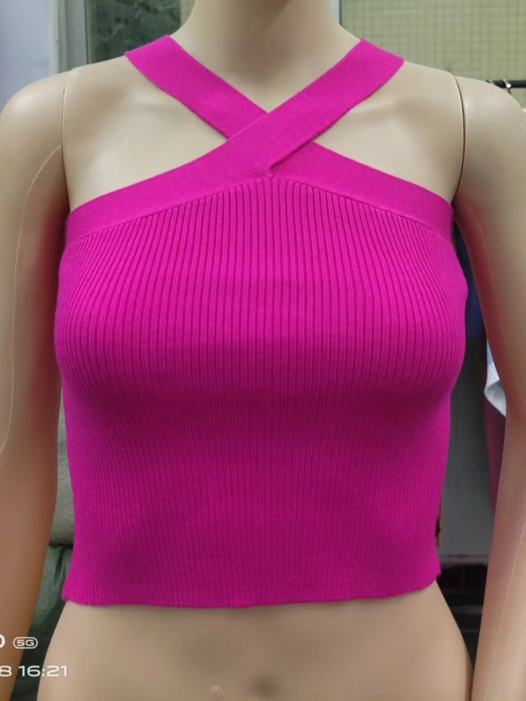 Sexy Women Knitted Tank Tops, Summer Slim Off Shoulder Cropped Solid Halter Base Vest Black For Women rosered xxl