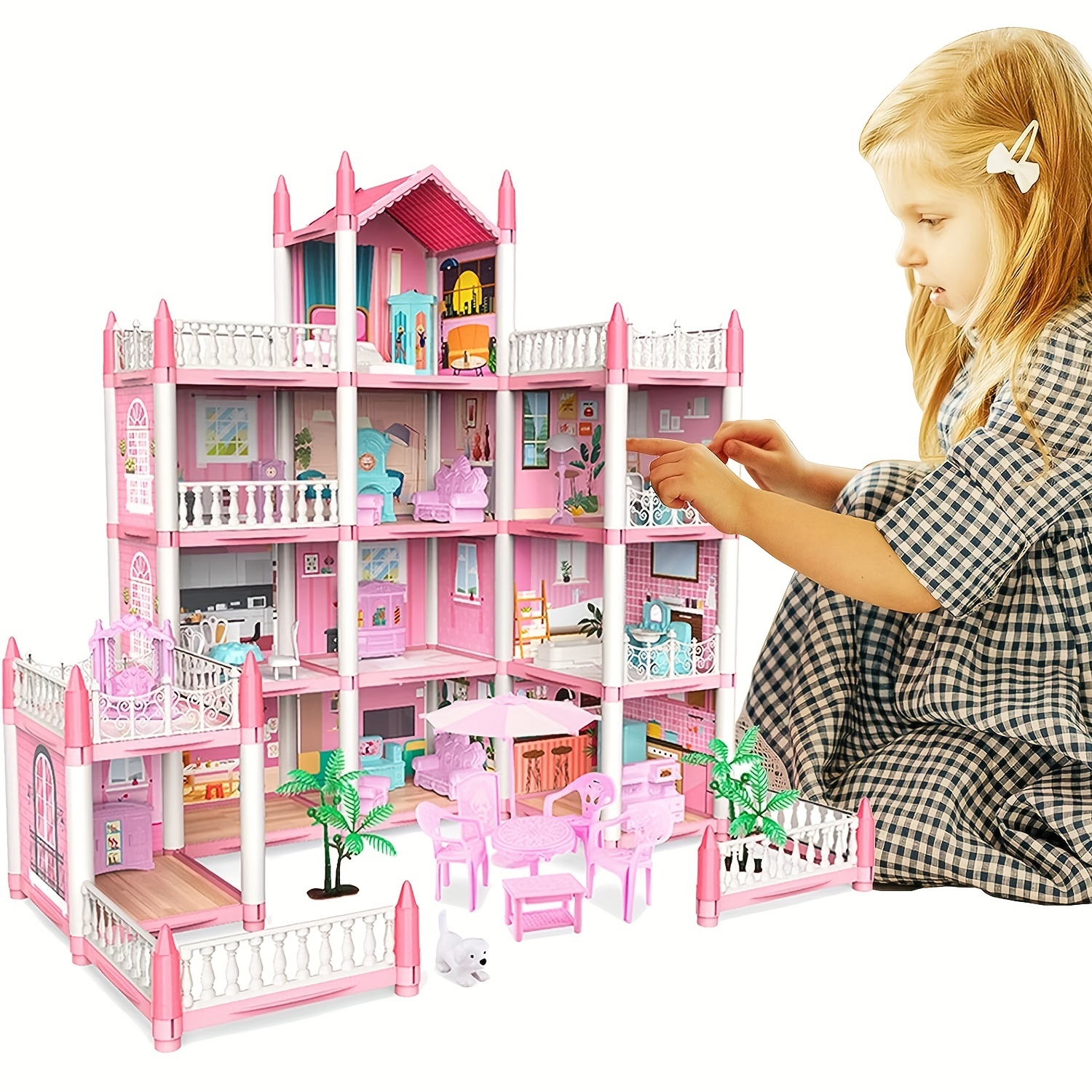 Children's Music Doll House Assembly Villa, 3D DIY Dream Princess Castle Set For Girls 7 Room Pink