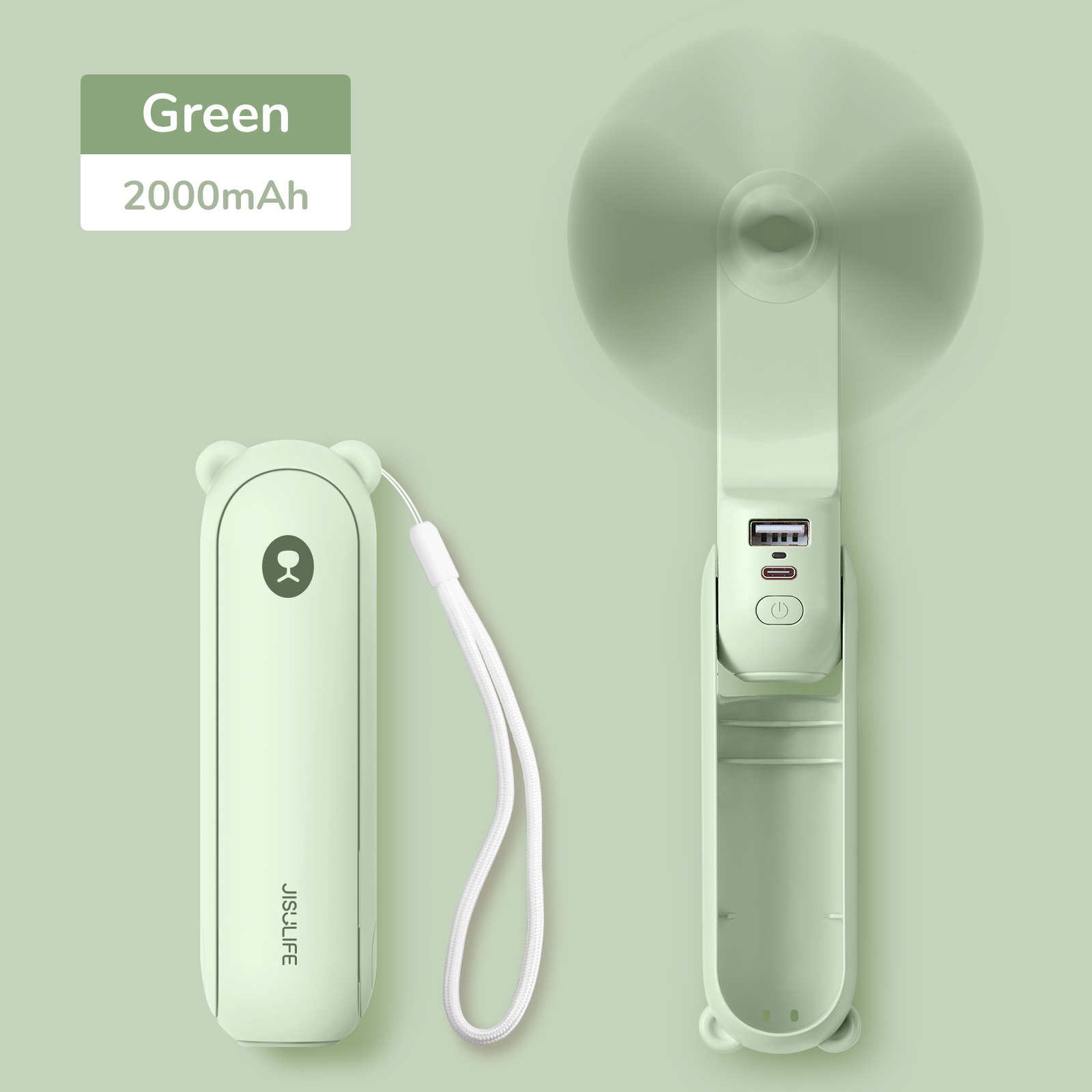 Portable Mini Handheld Fan USB Rechargeable, Fan With Power Bank & Flashlight, Compact Cooling For Travel & Camping 2000mah Green F8