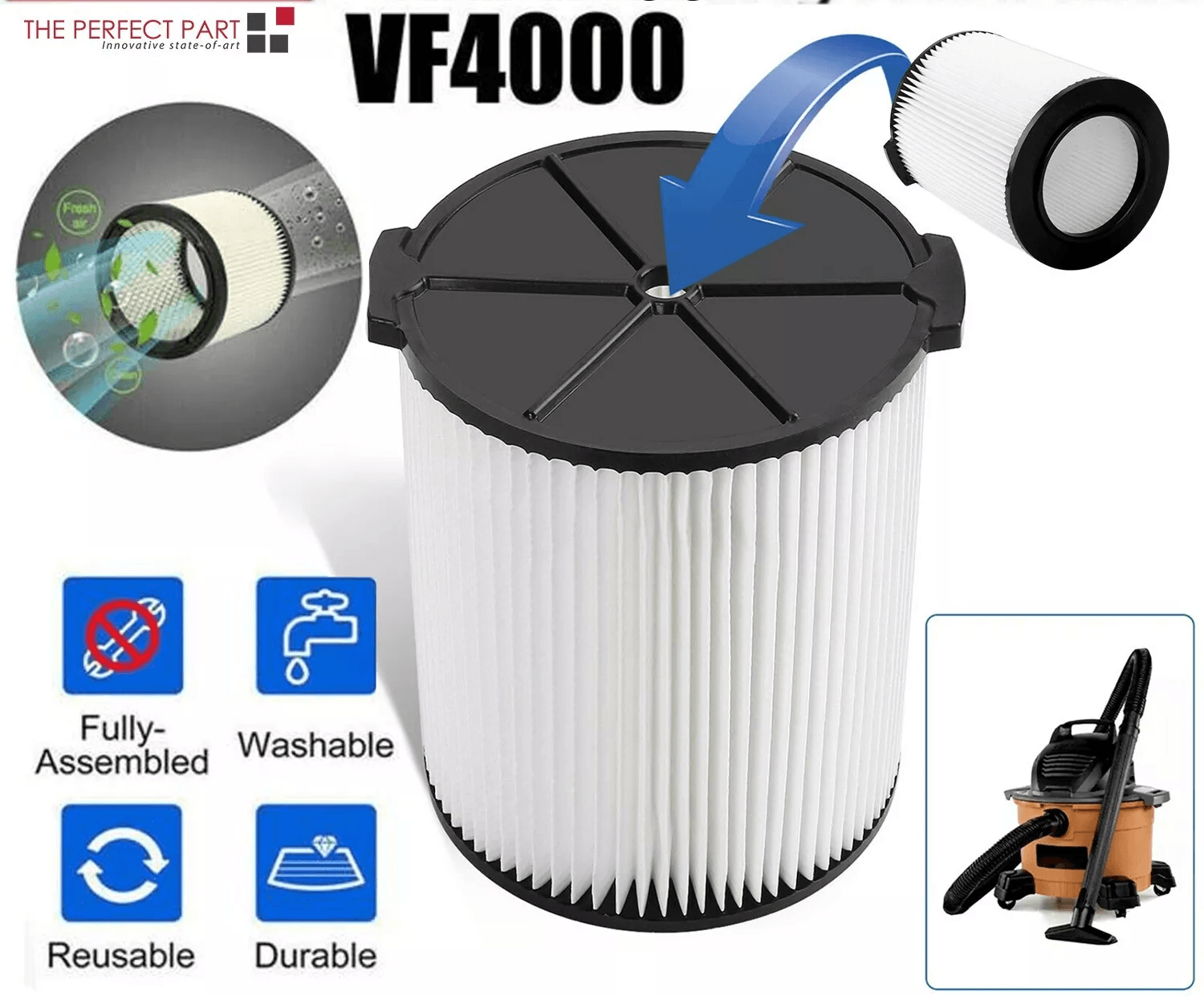 VF Replacement RIDGID Wet Dry Washable Vacuum Filter, Pleated Filter For Garage Shop Vac, Fits Gallon RIDGID, Husk Model VF Replacement RIDGID Wet Dry Washable Vacuum Filter, Pleated Filter For Garage Shop Vac, Fits Gallon RIDGID, Husk Model