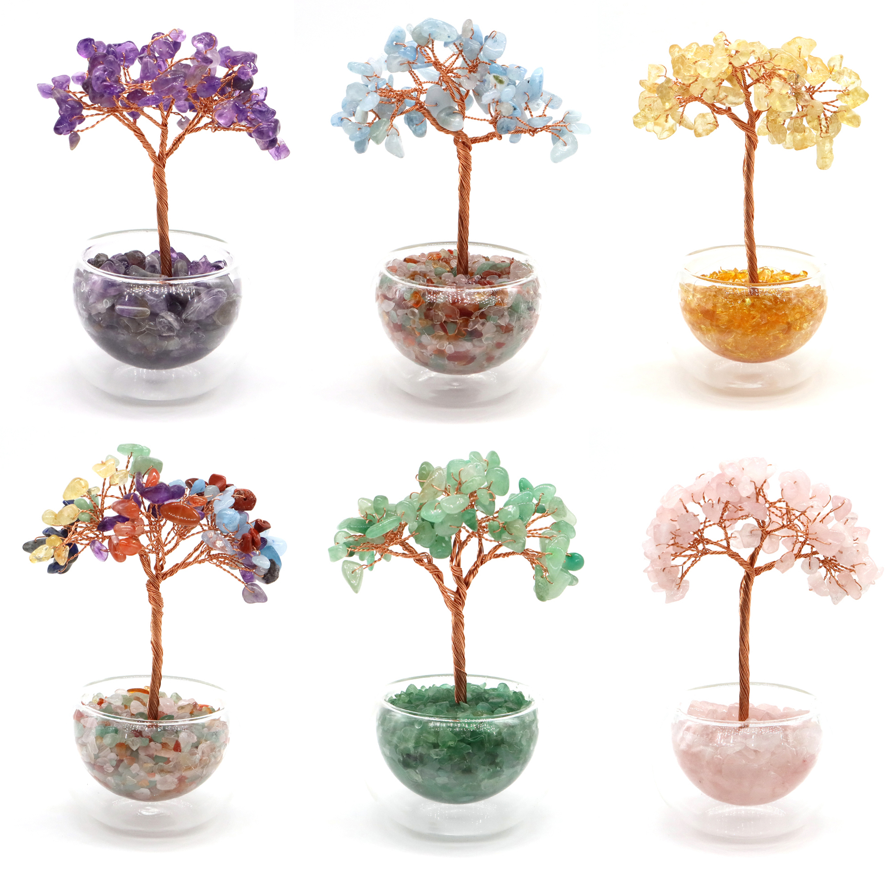 Crystal Money Tree, Glass Potted Plant With Natural Citrine, Amethyst & Chakra Quartz, Feng Shui Home Office Decor random Stone 1 Pc