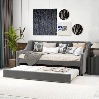 Twin Size Daybed With Trundle, Convertible Sofa Bed With Curved Armrests & Backrest Twin Size Daybed With Trundle, Convertible Sofa Bed With Curved Armrests & Backrest