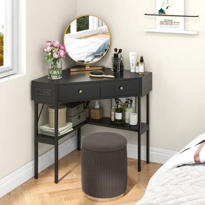 Triangle Corner Desk With Charging Station Compact Space Saving Design With 2 Drawers & Storage Shelf Triangle Corner Desk With Charging Station Compact Space Saving Design With 2 Drawers & Storage Shelf