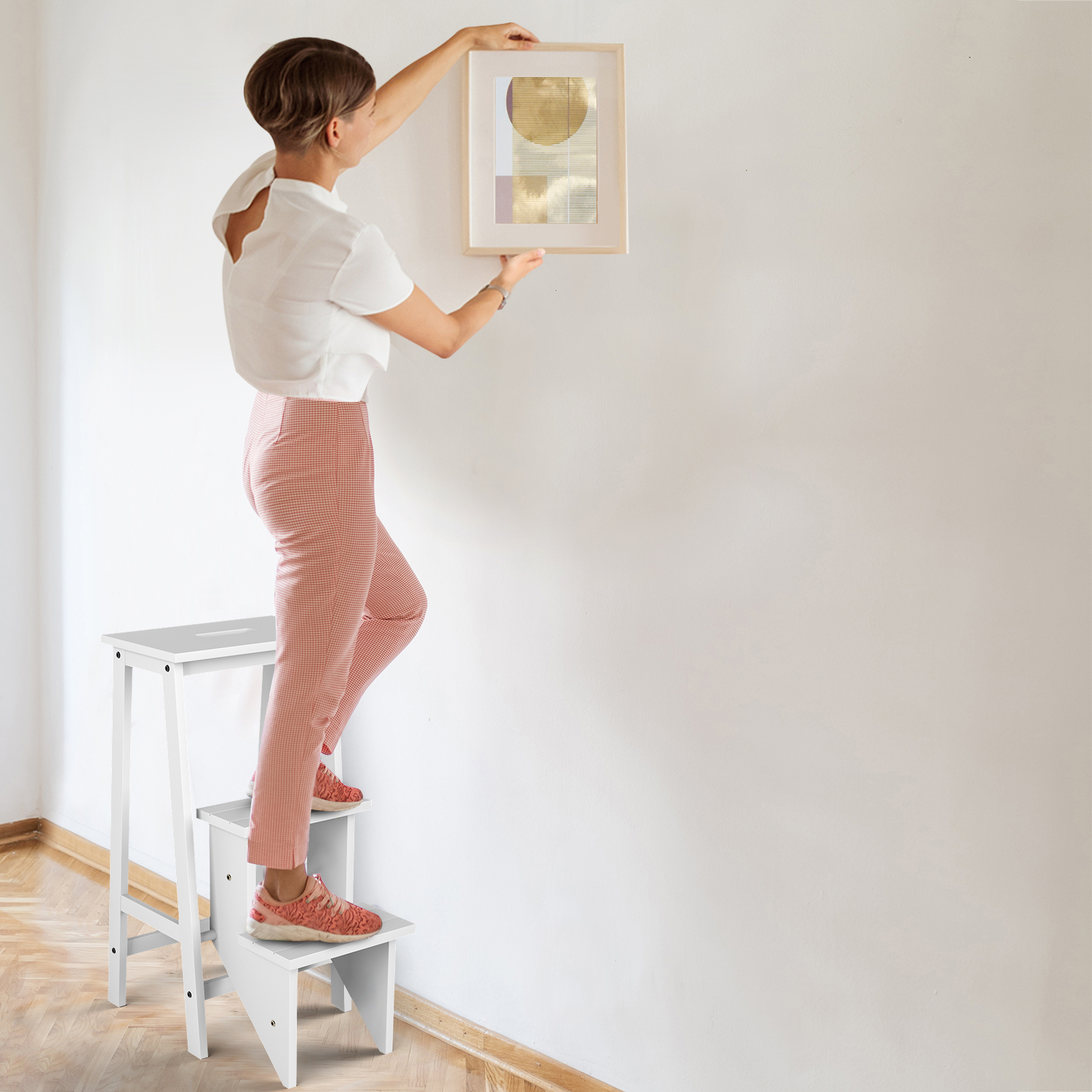 Solid Rubber Wood 3 Tier Folding Step Stool, Convertible Ladder & Storage Shelf For Home & Office Solid Rubber Wood 3 Tier Folding Step Stool, Convertible Ladder & Storage Shelf For Home & Office