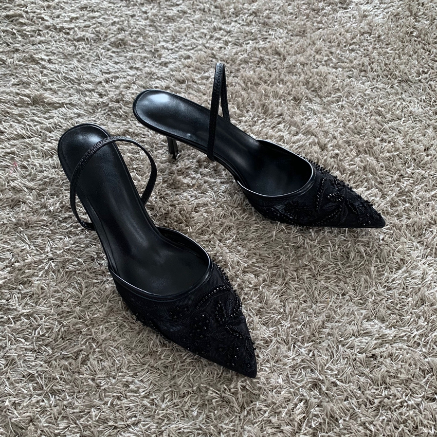 High Heels Women Sandals Mesh Embroidered Elegant Pointed Toe Slingback Party Wedding Bridal Dress Shoes For Women black 38