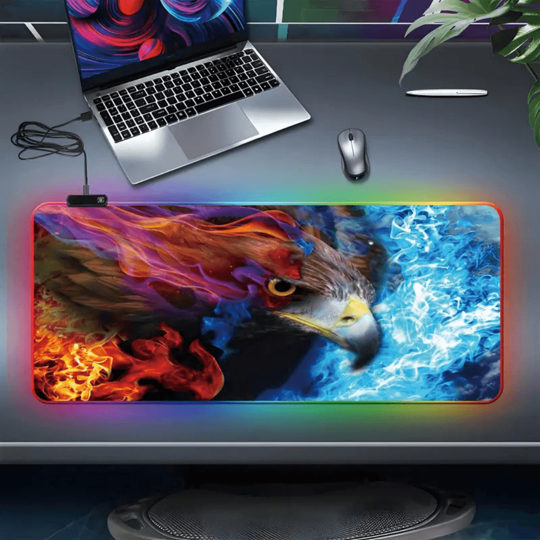 RGB Gaming Mouse Pad With Eagle Design Non Slip Desk Mat With Wrist Support, Colorful Flames & Ice Artwork RGB Gaming Mouse Pad With Eagle Design Non Slip Desk Mat With Wrist Support, Colorful Flames & Ice Artwork