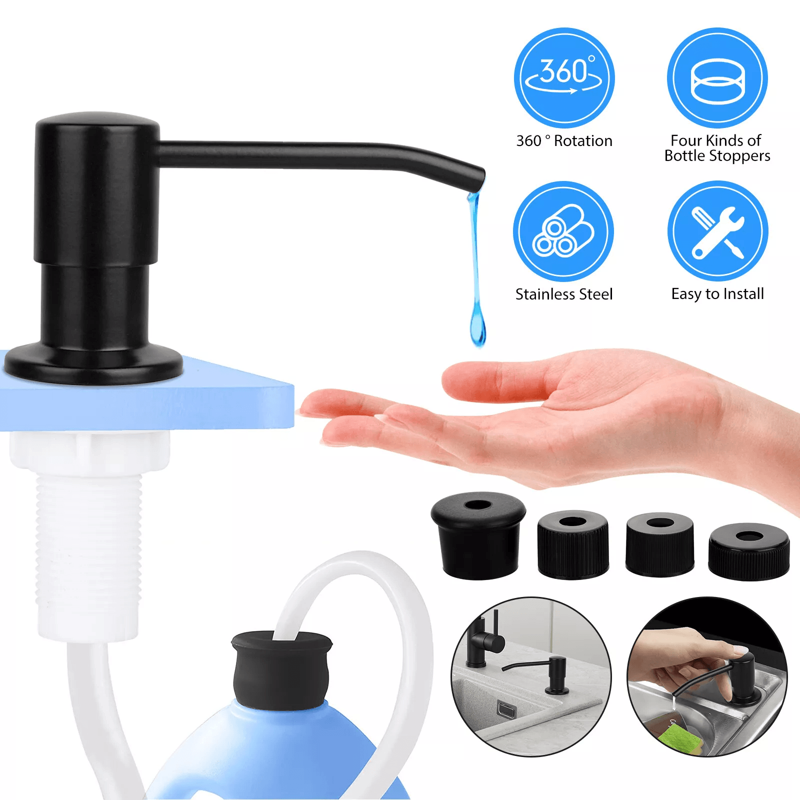 Stainless Steel Sink Soap Dispenser With Tube Kit, Kitchen Liquid Pump Bottle System, Quick Install, No Drip Design Stainless Steel Sink Soap Dispenser With Tube Kit, Kitchen Liquid Pump Bottle System, Quick Install, No Drip Design