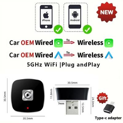 Wireless Carplay Android Auto Adapter AI Box For USB Connected Cars For IPhone And Android Devices type A