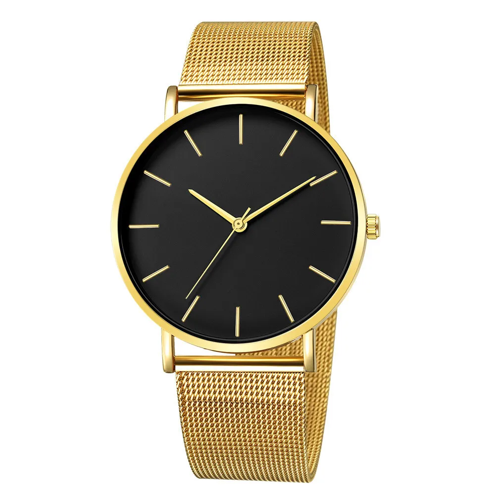 Simple Men Business Stainless Steel Mesh Belt Quartz Watch, Ultra Thin Fashion Watch, Casual Relogio Masculino gold Black