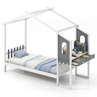 Montessori Twin Full Bed Frame With House Roof Canopy And Fence, Kids Wooden Bed With Storage Drawers, Desk & Hooks Montessori Twin Full Bed Frame With House Roof Canopy And Fence, Kids Wooden Bed With Storage Drawers, Desk & Hooks