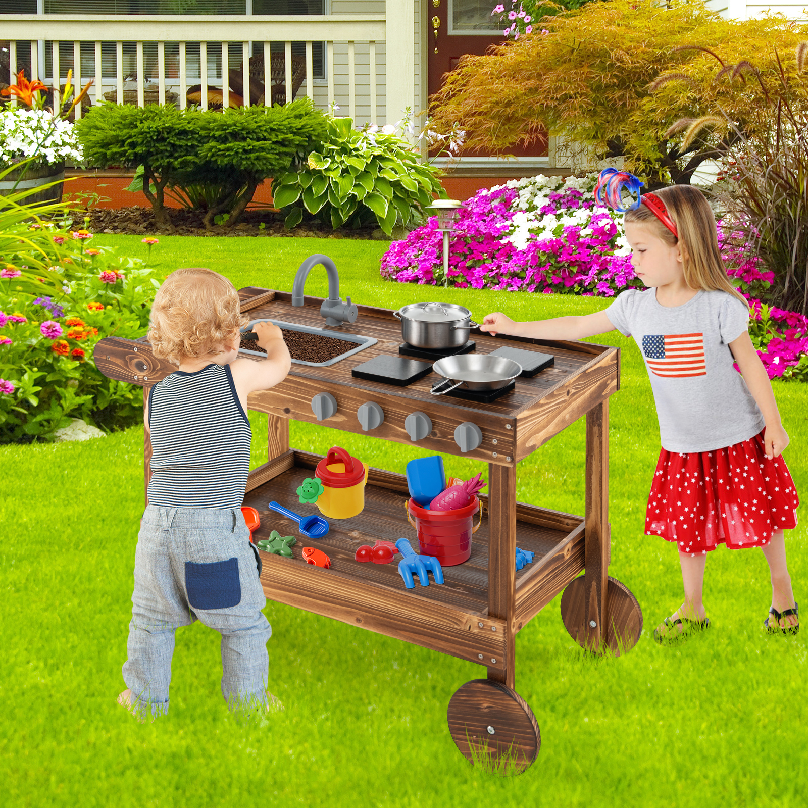 Outdoor Movable Mud Kitchen With 2 Rolling Wheels And 1 Push Handle, Durable Fir Wood Play Kitchen Outdoor Movable Mud Kitchen With 2 Rolling Wheels And 1 Push Handle, Durable Fir Wood Play Kitchen