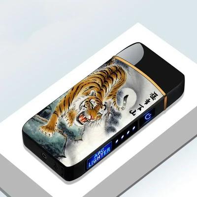 USB Rechargeable Windproof Electric Metal Lighter, Double Arc Flameless Plasma Lighter With Touch Sensor & LED Display tiger Black