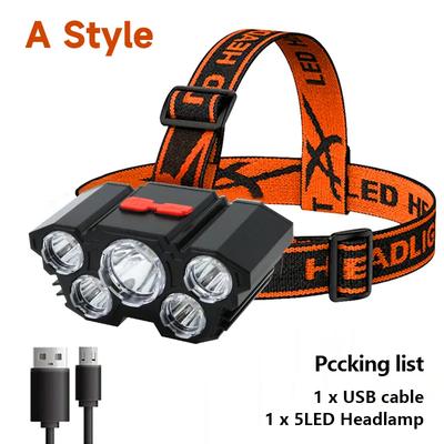 Strong LED Headlamp Flashlight, Rechargeable Built In Battery, 5 LED Light For Camping, Adventure & Fishing type A1