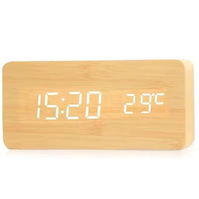 Wooden Digital LED Alarm Clock Minimalist Desk And Bedside Clock With Temperature And Sound Control Display bamboo