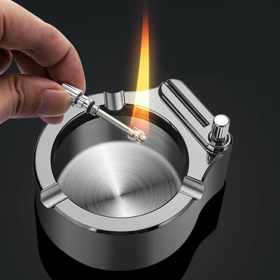 Retro Metal Ashtray With Built In Lighter Stainless Steel & Aluminum Cigar Holder, Gift Ideas For Smokers Silver