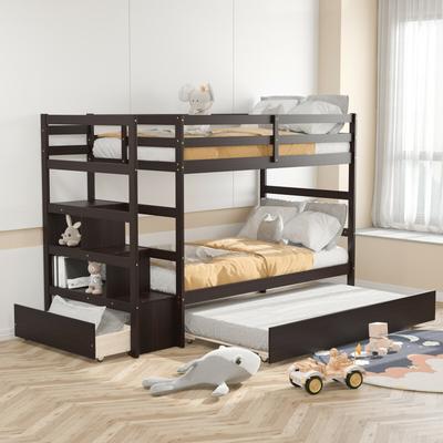Twin Over Twin Bunk Bed With Storage Shelf & Drawer, Space Saving Kids Bed Twin Over Twin Bunk Bed With Storage Shelf & Drawer, Space Saving Kids Bed
