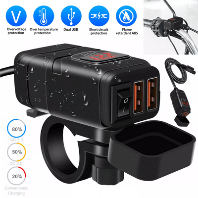 Motorcycle USB Charger Quick Charge Dual USB Port Waterproof Phone GPS Charger With Voltmeter Switch For Scooter Boat Motorcycle USB Charger Quick Charge Dual USB Port Waterproof Phone GPS Charger With Voltmeter Switch For Scooter Boat