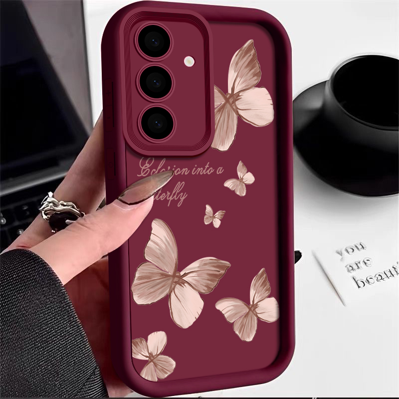 Trendy Gold Butterfly TPU Phone Case Stylish Protective Cover For Samsung Galaxy wine Red for Samsung S25 Plus